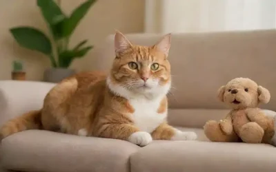 Un gato o un perro feliz sentado en un sofá de felpa con un resplandor cálido