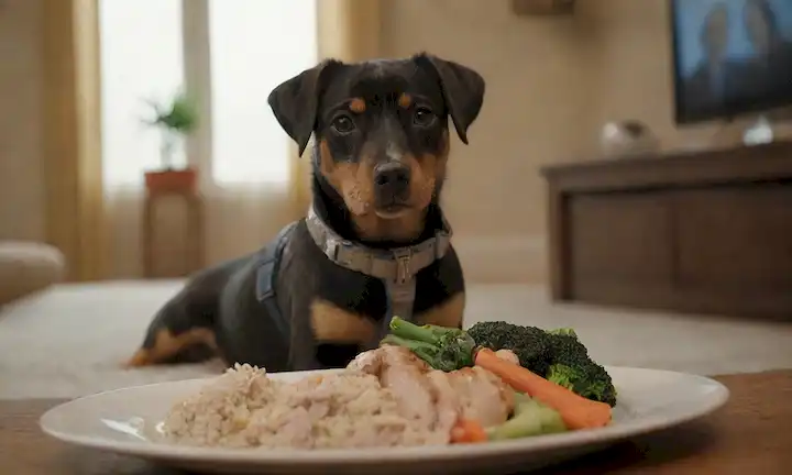 Un plato con una rebanada de pollo cocido, verduras al vapor y arroz marrón, acompañado por un perro sentado frente a él, con un arnés y una cinta de medición; el fondo es un salón cálido y acogedor con un sofá y una TV