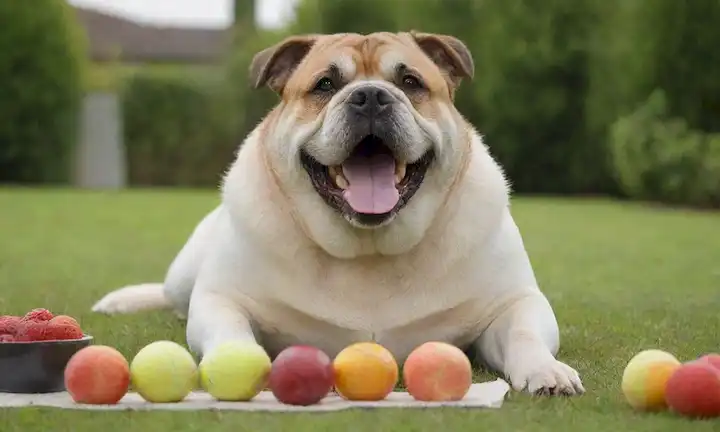 Un perro sobrepeso feliz sentado en un césped verde con una pelota de tenis en su boca, rodeado de opciones de alimentos saludables como frutas y verduras, con una escala de peso sutil en el fondo, con una pérdida gradual de barras de peso