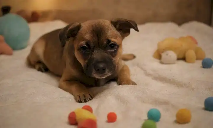 cachorro de 15 años tumbado tranquilamente en una manta suave, con grandes ojos marrones y orejas floppy, rodeado de juguetes y golosinas, teniendo una expresión facial relajada, siendo suavemente acariciada o acariciada por una mano humana en el fondo, iluminación cálida, colores reconfortantes