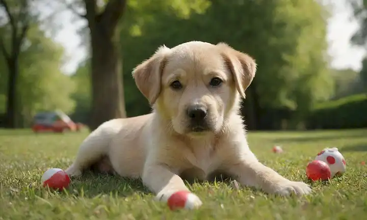 Un cachorro joven acostado en una hierba suave y verde