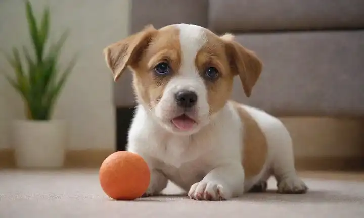 cachorro juguetón, fase de adolescencia, buenos comportamientos recompensados, golosinas y juguetes, cara feliz y curiosa, movimientos energéticos, interacción con cuidador, entorno de aprendizaje, etapas de crecimiento y desarrollo, escuela de cachorros o sesiones de entrenamiento, concepto de refuerzo positivo