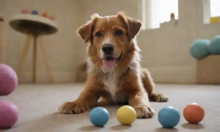 un perro joven juguetón con piel desordenada y patas de tamaño grande, rodeado de juguetes y golosinas, de pie en las piernas inestables, mirando a su madre para orientación, con una bola cercana para simbolizar el aprendizaje y jugar
