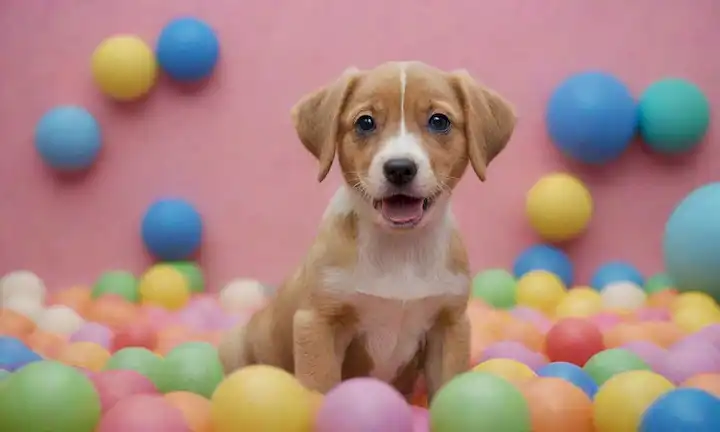 Feliz, enérgico, cachorro joven con orejas flojas y cola depilante, sentado en un fondo colorido con juguetes o bolas alrededor, mirando hacia arriba a un perro adulto o compañero humano
