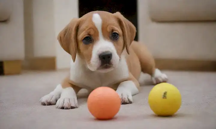 cachorro de 15 meses jugando con juguetes, explorando el medio ambiente, oliendo alrededor, orejas enrojecidas, cola despilfarrando lentamente, mirando curioso, sentado de nuevo en las halzones, pata levantada para tocar una bola