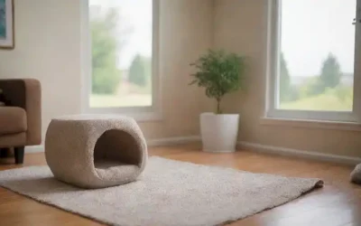 Una sala de estar cálida y acogedora con una caja para gatos en una esquina