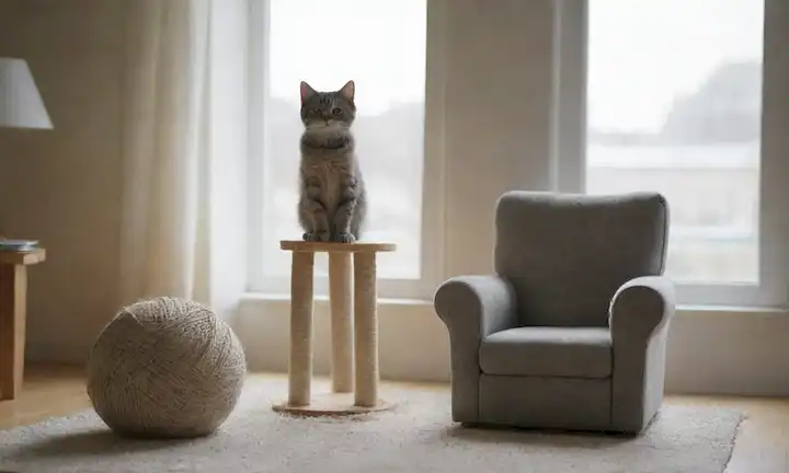 Una acogedora sala de estar con un sillón acolchado suave, unos juguetes y postes de rascacielos esparcidos alrededor, una torre de gato en la esquina, una ventana con la luz del sol fluyendo, un gatito gris agitado en la silla o jugando con una bola de hilo