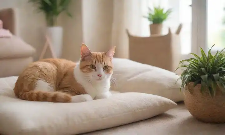 Una cálida y acogedora sala de estar con un gato acurrucado en un cojín suave, rodeado de juguetes y postes de rascacielos, una persona en el fondo que sostiene un gatito suave, unos pocos libros y plantas diseminados alrededor de la habitación, luz del sol derramando a través de las ventanas, una paleta de color calmante de blancos, cremas y pasteles