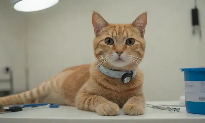 Un gato tranquilo y curioso sentado en una mesa de exámenes veterinarios, usando un collar con etiquetas de identificación, rodeado de instrumentos médicos y equipos como termómetros, estetoscopios y jeringas, contra un fondo neutro