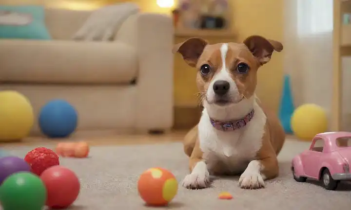Un perro juguetón de tamaño pequeño con cara plana, cola curvada y oídos erectos, rodeado de juguetes y objetos, en un ambiente colorido, con un enfoque en la captura de su comportamiento travieso