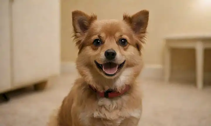 Un perro pequeño, rubio con cara plana, piel rizada y cejas prominentes; sentado en un fondo, posiblemente de madera o alfombrado; mirando directamente a la cámara; teniendo una expresión dulce y juguetona; rodeado de iluminación suave con sombras; con colores cálidos como marrón, negro y blanco