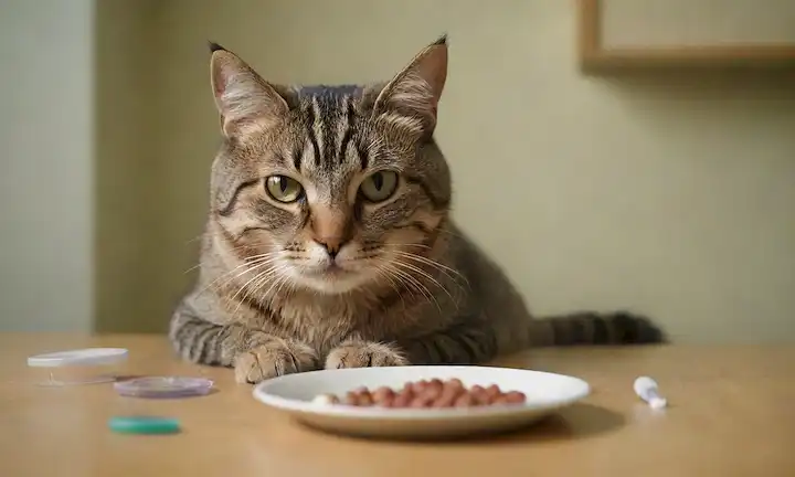 Un gato con expresión preocupada, rascarse en su propia piel, cápsulas de medicamentos para la alergia o un cuenco de comida en el fondo, un esbozo débil de un estetoscopio médico o un termómetro cerca
