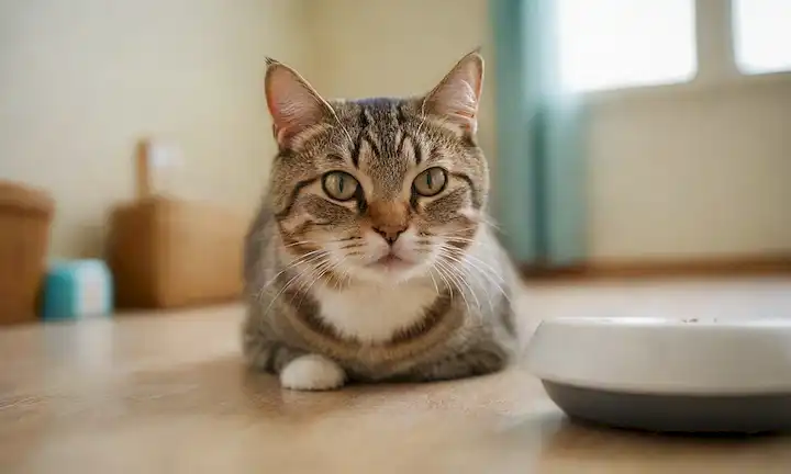 Los gatos se enfrentan con una expresión preocupada, sosteniendo un icono de reacción alérgica (por ejemplo, una picazón), cerca de un tazón de comida con algunos kibble derramados; una bolsa de médicos y medicamentos cerca; un fondo borroso de una sala desordenada con polvo y alérgenos; un gato tranquilo jugando en la esquina