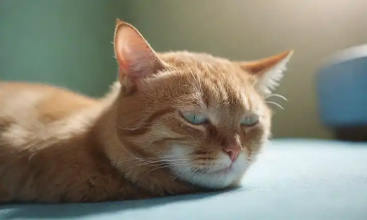 ilustración 3D de un riñón gatos, gato enfermo acostado en su lado con respiración laborada, fondo borroso que representa confusión y angustia, equipo médico débilmente visible en las sombras, colores calmantes como azul o verde para el tono calmante, sutiles toques de progresión de la enfermedad