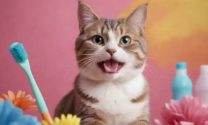 ilustración 3D de un gato feliz con aliento fresco, sentado en un fondo colorido con flores vibrantes, rodeado de lavabos, cepillos de dientes y cerdas dentales, con una sonrisa sutil y ojos brillantes, transmitiendo un sentido de salud e higiene