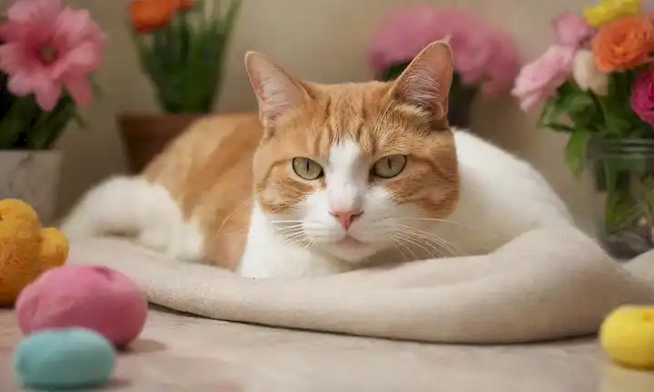 Un gato con una expresión preocupada, sus ojos cerrados o semicerrados, acostados en una superficie suave, rodeado de diversos objetos como flores, plantas, juguetes y cuencos de comida, con algunos elementos ligeramente fuera de alcance, transmitiendo sentimientos de frustración y anhelo, con el ambiente general caliente y acogedor