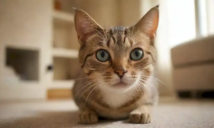 Una foto de acercamiento de un gato curioso con orejas dobladas hacia atrás