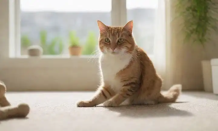 Un gato feliz jugando con una pelota, rodeado de juguetes y post de rascacielos, en una habitación brillante con una ventana con sol, una planta de catnip cerca, y un plato lleno de kibble, en un piso suave alfombrado