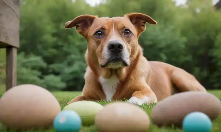 Un perro tranquilo en un ambiente verde con espacios abiertos, rodeado de unos pocos juguetes y golosinas, mirando hacia arriba con ojos curiosos; un perro ligeramente ansioso con orejas espalda y cola atornillada, escondido detrás de un pequeño obstáculo, sin embargo todavía olfateando cauteloso; otro perro frenéticamente parpadeando, tratando de liberarse de una limitación imaginaria