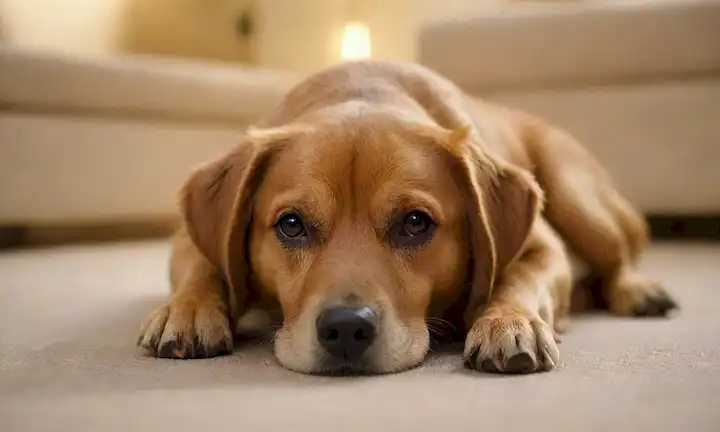 Un perro tranquilo acostado con una mirada suave, rodeado de iluminación suave, con un fondo sutil borroso para transmitir la serenidad, posiblemente con unos juguetes o golosinas cercanos para ilustrar la comodidad y la confianza, tal vez incluyendo un esbozo débil de una persona en la distancia para la interacción humana-canina