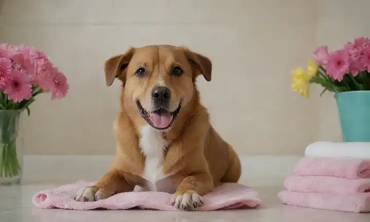 Un perro feliz en un baño, con salpicaduras de agua, burbujas de jabón, y una toalla cerca, rodeado de flores frescas o colores calmantes, transmitiendo un sentido de limpieza y relajación, mostrando una suave interacción con el propietario-pet