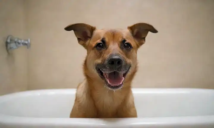Un perro tranquilo sentado en una bañera, rodeado de toallas suaves y burbujas de jabón, con agua suave fluyendo del grifo, iluminada por la luz natural cálida, con una cara sonriente