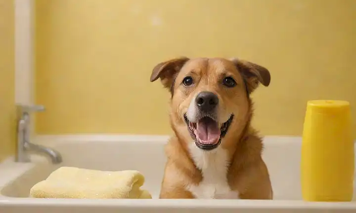 Feliz perro en un fondo amarillo brillante, rodeado de burbujas de jabón, champú, y un lavabo con agua, un peine y una toalla, todo con colores pasteles