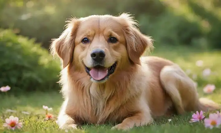 ilustración 3D de un perro champú con su propio pelo con un peine, rodeado de exuberante hierba verde y flores coloridas, con luz suave brillando en la escena, transmitiendo felicidad y serenidad