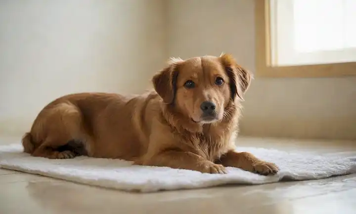Una cálida y acogedora escena del baño con un perro acostado en una toalla suave, rodeado de suaves ondas en el aire, un flujo de agua calma y calmante que viene de un cabeza de ducha arriba, luz solar suave que vierte a través de la ventana, una expresión cachorro relajado y feliz, un ambiente limpio y ordenado, un sentido de tranquilidad