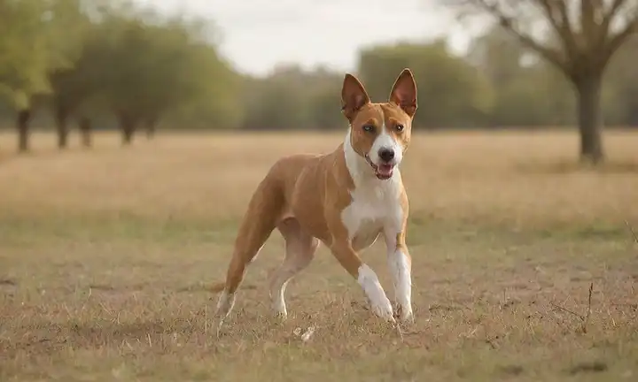 Un divertido perro Basenji corriendo en un entorno parecido a la sabana, con árboles de acacia y pastizales; una figura humana borrosa en el fondo jugando al fetch o ofreciendo golos; luz solar brillante y ambiente cálido; algunas hojas y flores dispersas alrededor del perro; un sutil toque de patrones inspirados en la cultura africana en la ropa o accesorios