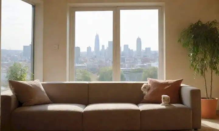 Una acogedora y acogedora sala de estar con un cómodo sofá, unos pocos juguetes gatos y puestos de rascacielos, una ventana con vistas a un jardín soleado o un paisaje urbano
