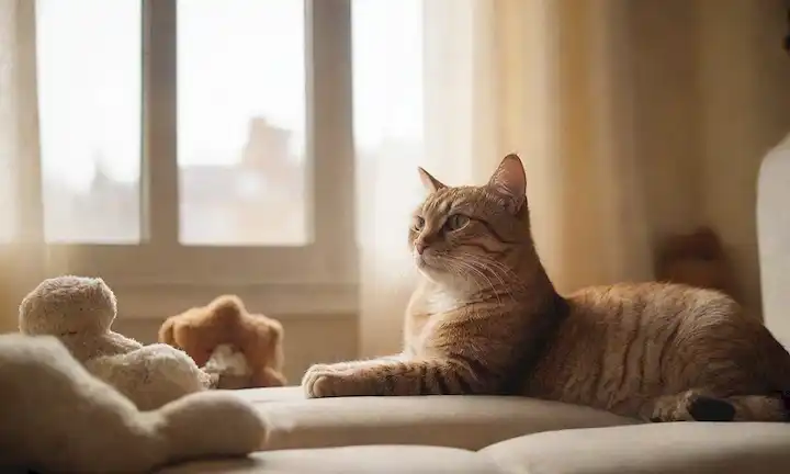 Una figura felina serena saltando sobre un cojín suave, rodeado de juguetes dispersos y golosinas, con una mirada suave dirigida a una taza caliente de café o té en el fondo, complementada por un sutil toque de luz solar de la mañana filtrando a través de una ventana con una cortina abierta