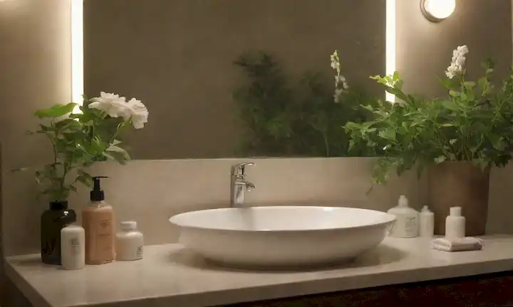 Un baño sereno con un lavabo blanco y espejo, rodeado de vegetación exuberante, una botella de crema facial en el mostrador, unos pocos productos de cuidado de la piel dispersos alrededor, una suave corriente que fluye del grifo, un resplandor suave desde arriba, una delicada flor que florece en el borde del lavabo, un reflejo sutil de la naturaleza en el espejo
