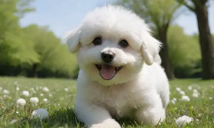 Un cachorro de Bichon Frise blanco feliz jugando con una bola suave en un parque verde rodeado de flores y árboles florecientes, con un cielo azul brillante encima