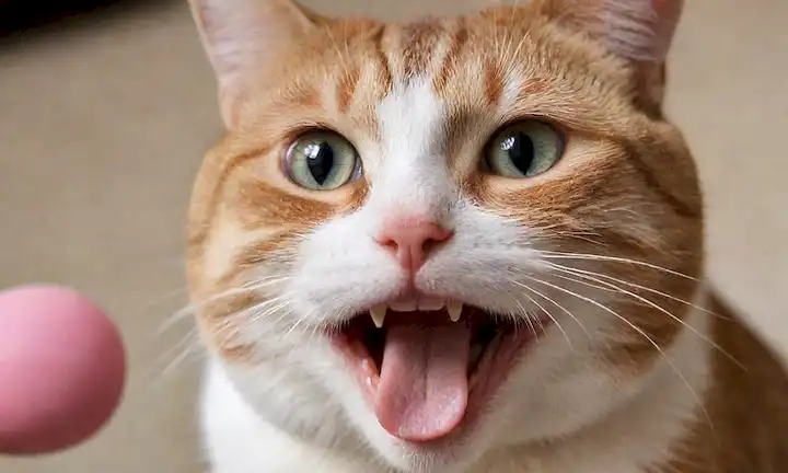 Los gatos se enfrentan con una expresión sonriente, ojos brillantes y una lengua rosa sana; una suave pincelada en la zona de la boca, tal vez cerca de la encía o en los dientes; un brillo sutil para indicar la limpieza; iluminación suave y natural de arriba; no distracciones como objetos de fondo o desorden