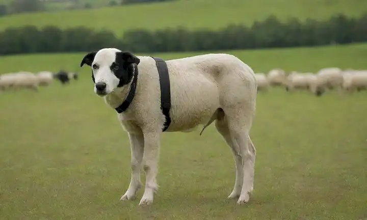 Un perro animado, de tamaño mediano, con una cara blanca y marcas de silla negra en su espalda, rodeado de pastos verdes con oveja pastando en el fondo, con un ambiente sutil y suave movimiento, transportando energía y actividad