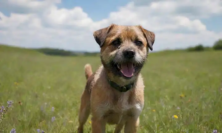 Un feliz Terrier Fronterizo jugando en un prado verde, con un cielo azul brillante y nubes blancas suaves, rodeado de flores silvestres, con sus oídos arriba y cola ondeando, mirando directamente al espectador