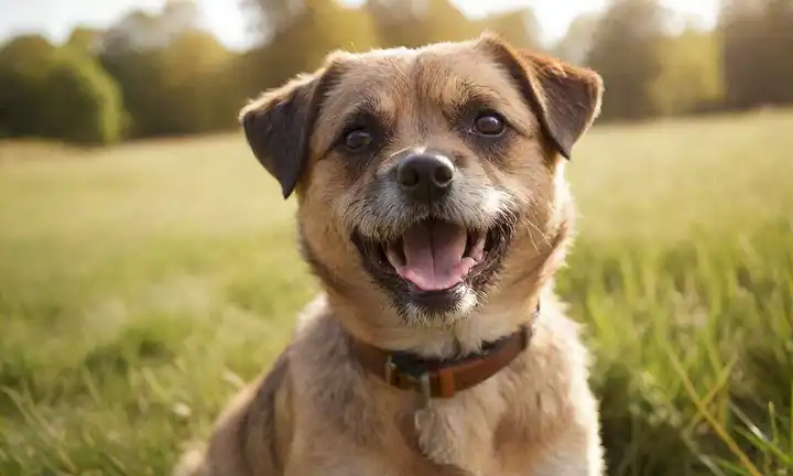 ilustración 3D, raza de perro, terrier de frontera, expresión feliz, tamaño medio, cola rizada, abrigo de pelirroja, marca blanca en la cara, ojos marrones, pose juguetona, entorno pastoso, sol
