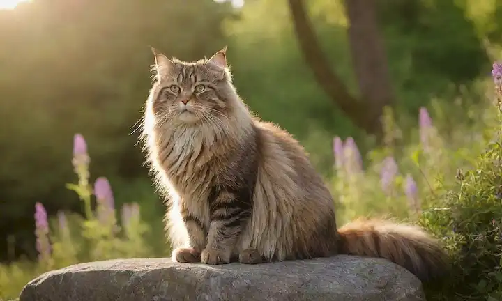 Una escena de bosque sereno con un majestuoso Siberian Forest Cat sentado en una roca, rodeado de exuberante follaje verde y coloridos flores silvestres, con su piel brillando en la cálida luz del sol
