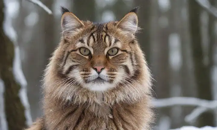 Paisaje de bosque oxidado, gato tigre siberiano con piel gruesa, árbol majestuoso en el fondo, copos de nieve cayendo suavemente, gatos ojos mirando hacia adelante, efecto de iluminación sutil, colores naturales, imagen de alta calidad