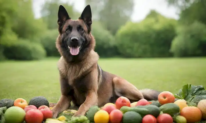 Una foto de un perro pastor belga saludable en una pose atlética, rodeado de frutas y verduras frescas, con un fondo borroso de un entorno verde al aire libre, transportando energía y vitalidad, destacando la definición muscular, recubrimiento brillante y expresión feliz