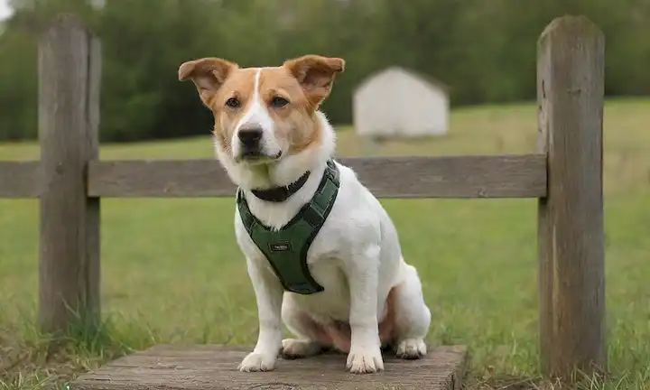 Un perro tranquilo y suave con un abrigo brillante, sentado en un entorno rural, rodeado de una puerta rústica, hierba verde y una cerca de madera, con un arnés y correa