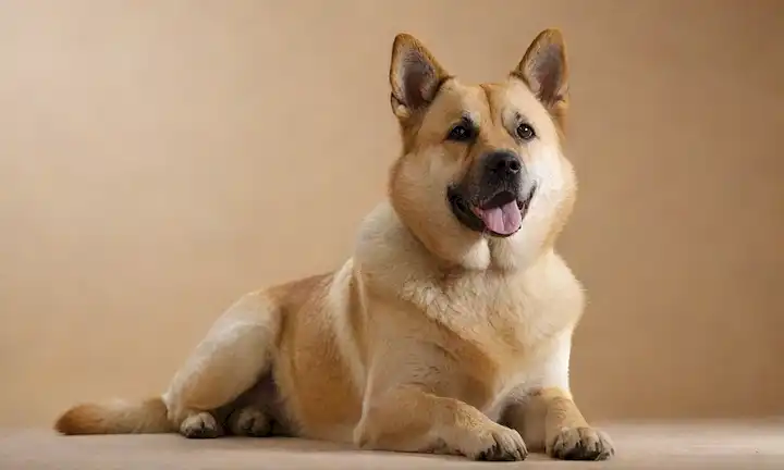 Una raza de perro noruego tranquila de Buhund sentado tranquilamente por un lado de personas, rodeada de un f
<center><img decoding=