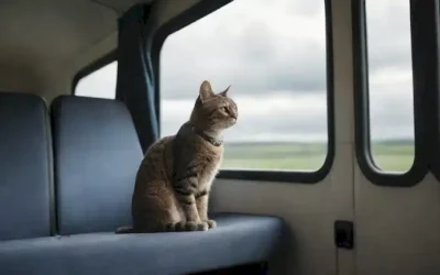 Un gato curioso sentado en un asiento de autobús