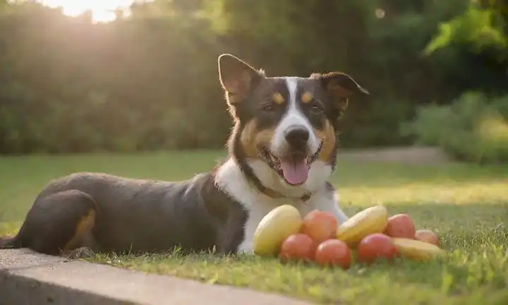 Frutas frescas y verduras, un cuenco de comida nutritiva para perros, una fuente de agua, un perro feliz jugando con un juguete, un fondo sereno con la luz del sol filtrando a través de hojas o un jardín, un sentido de armonía y equilibrio, colores naturales y texturas, sin distracciones, ambiente tranquilo