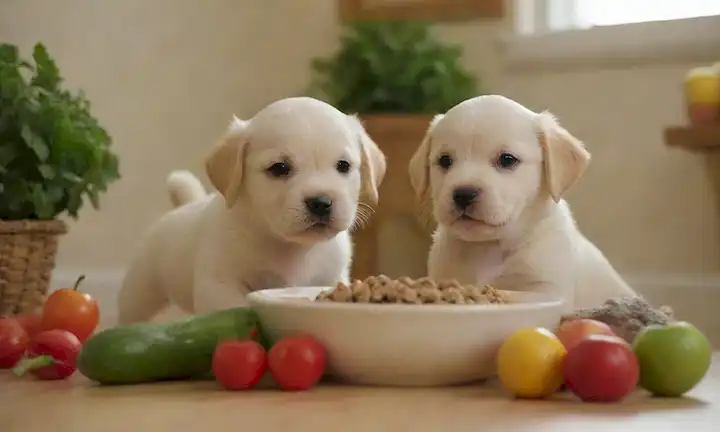 cachorros de 3 meses jugando con un tazón de kibble, rodeado de frutas y verduras coloridas, con un fondo tranquilo y una iluminación cálida
