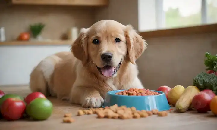 Un feliz y curioso cachorro de recuperador de oro jugando con un tazón lleno de colorido kibble, rodeado de frutas frescas y verduras en una mesa de madera rústica, con unas pocas galletas de perro dispersa y un paisaje de fondo tranquilo
