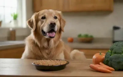 Un feliz recuperador de oro sentado en una mesa con un tazón de comida para perros y un vaso de agua