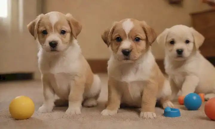 cachorros felices con diversas razas y colores de abrigo, sentados o jugando juntos, rodeados de juguetes, golosinas y un fondo cálido, transmitiendo un sentido de alegría, compañía y nutrición