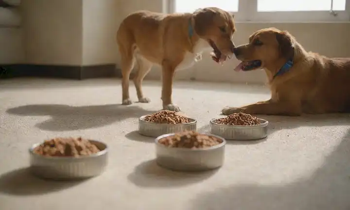 3-4 perros adorables con diferentes longitudes de capa y colores jugando junto con kibble y comida enlatada en una sala desordenada, luz solar brillante brillando a través de una ventana